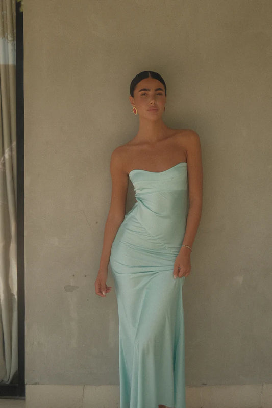 Luxury Aqua Prom Dresses Strapless with Satin Mermaid Silhouette and Keyhole Back