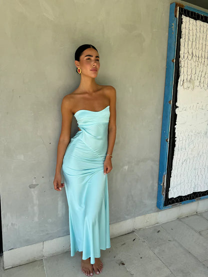 Luxury Aqua Prom Dresses Strapless with Satin Mermaid Silhouette and Keyhole Back