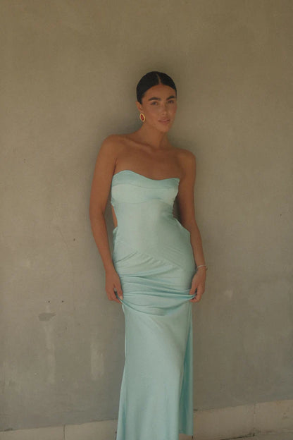 Luxury Aqua Prom Dresses Strapless with Satin Mermaid Silhouette and Keyhole Back