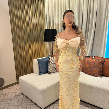 Luxury Butter Yellow Prom Dresses with Beaded Fabric 3D Floral Applique and Bow Detail