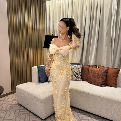 Luxury Butter Yellow Prom Dresses with Beaded Fabric 3D Floral Applique and Bow Detail