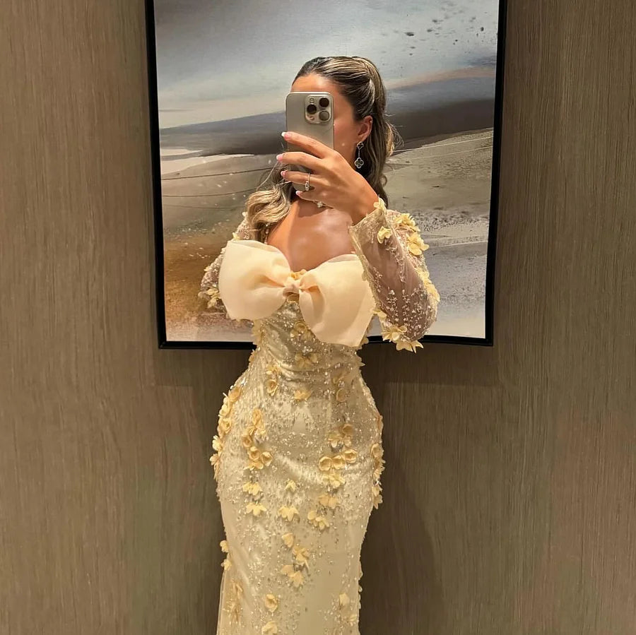 Luxury Butter Yellow Prom Dresses with Beaded Fabric 3D Floral Applique and Bow Detail