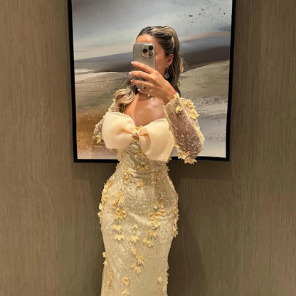 Luxury Butter Yellow Prom Dresses with Beaded Fabric 3D Floral Applique and Bow Detail
