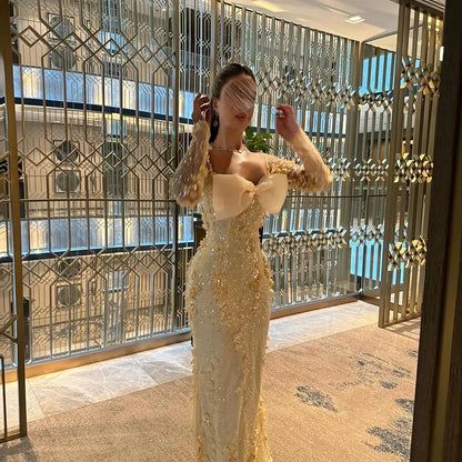 Luxury Butter Yellow Prom Dresses with Beaded Fabric 3D Floral Applique and Bow Detail