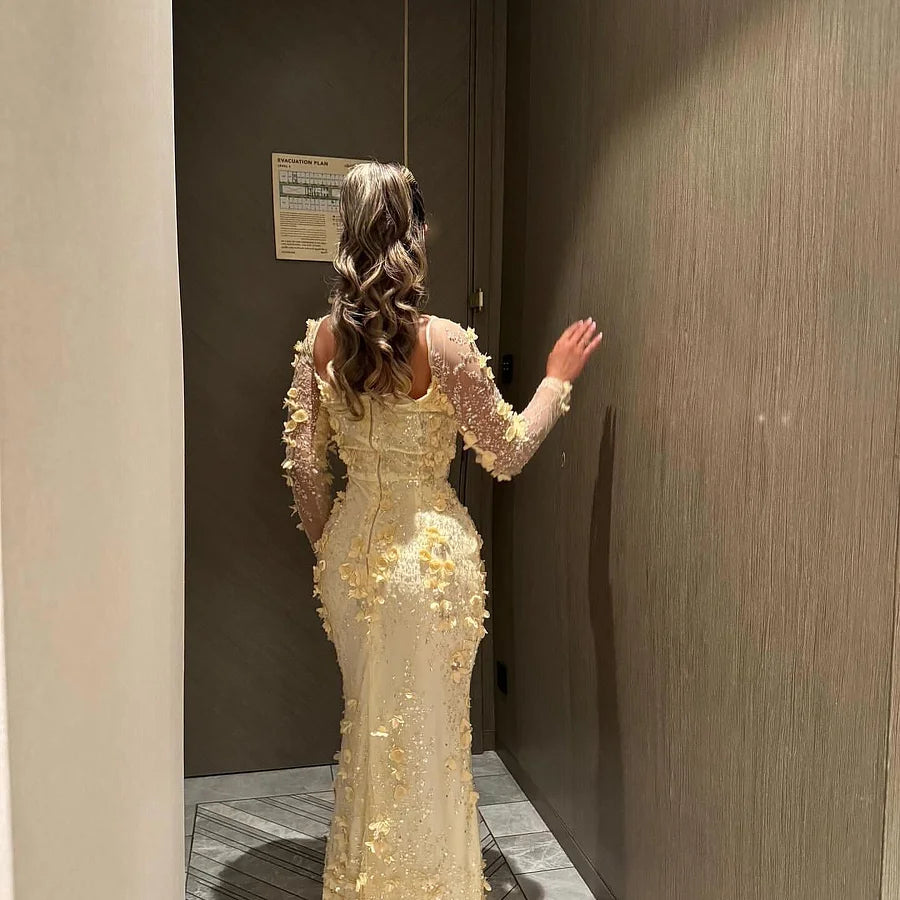 Luxury Butter Yellow Prom Dresses with Beaded Fabric 3D Floral Applique and Bow Detail