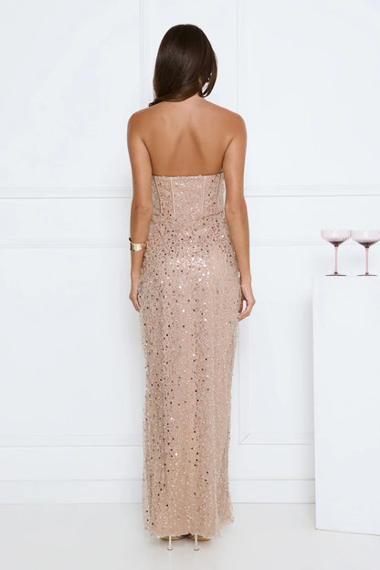 Luxury Champagne Prom Dresses with Sequin Fabric Strapless Corset Bodice and Ruched High Slit
