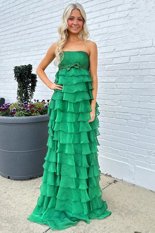 Luxury Emerald Green Evening Dresses Strapless with Chiffon Silhouette and Ruffled Skirt