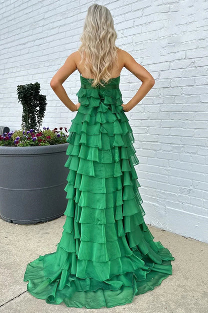 Luxury Emerald Green Evening Dresses Strapless with Chiffon Silhouette and Ruffled Skirt
