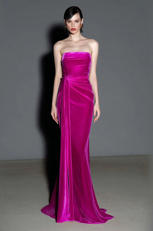 Luxury Fuchsia Prom Dresses with Velvet Fabric Strapless Ruched Detail and Mermaid Skirt