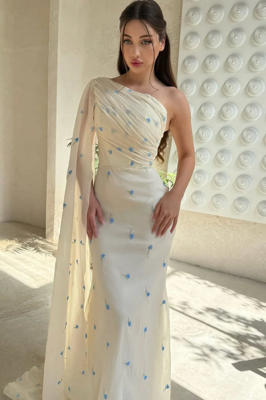 Luxury Ivory Prom Dresses with Chiffon Fabric Blue Floral Embroidery and Cape Sleeve