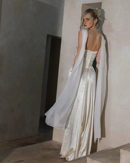 Luxury Ivory Prom Dresses with Satin Fabric Chiffon Capelet and Ruched Back