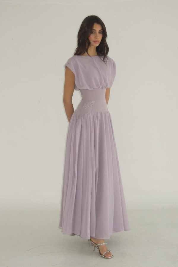 Luxury Lavender Prom Dresses with Chiffon Fabric Cap Sleeve and Beaded Waist