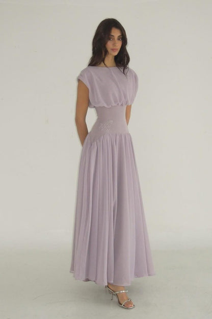 Luxury Lavender Prom Dresses with Chiffon Fabric Cap Sleeve and Beaded Waist