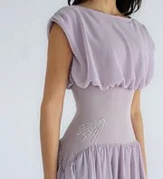 Luxury Lavender Prom Dresses with Chiffon Fabric Cap Sleeve and Beaded Waist