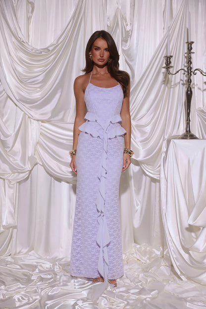 Luxury Lavender Prom Dresses with Lace Fabric Halter Neck and Ruffle Detail