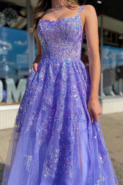 Luxury Lavender Prom Dresses with Tulle Fabric Sequin Lace Embroidery and Pockets