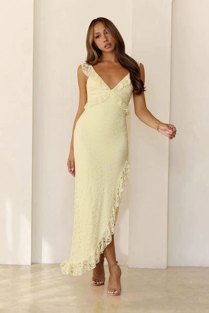 Luxury Lemon Yellow Prom Dresses with Lace Fabric Spaghetti Strap and Asymmetrical Hem