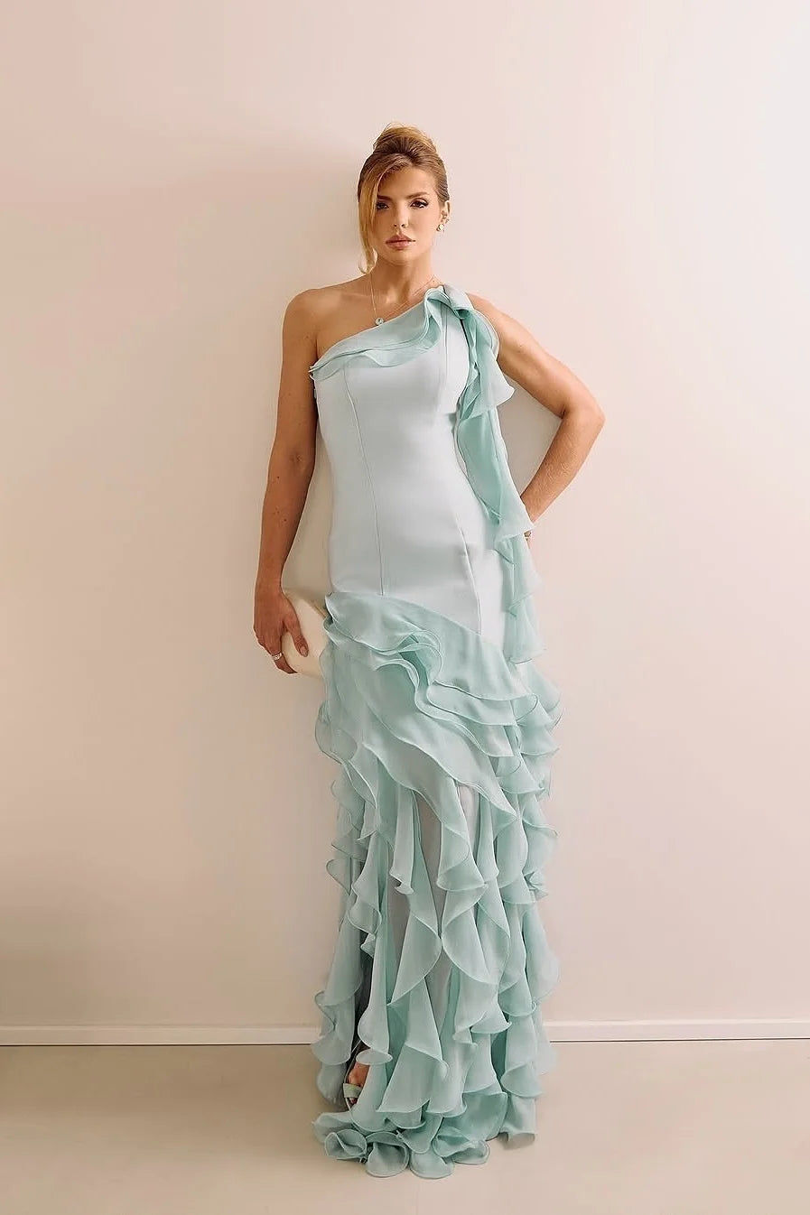 Luxury Mint Prom Dresses with Chiffon Fabric One Shoulder and Ruffled Skirt