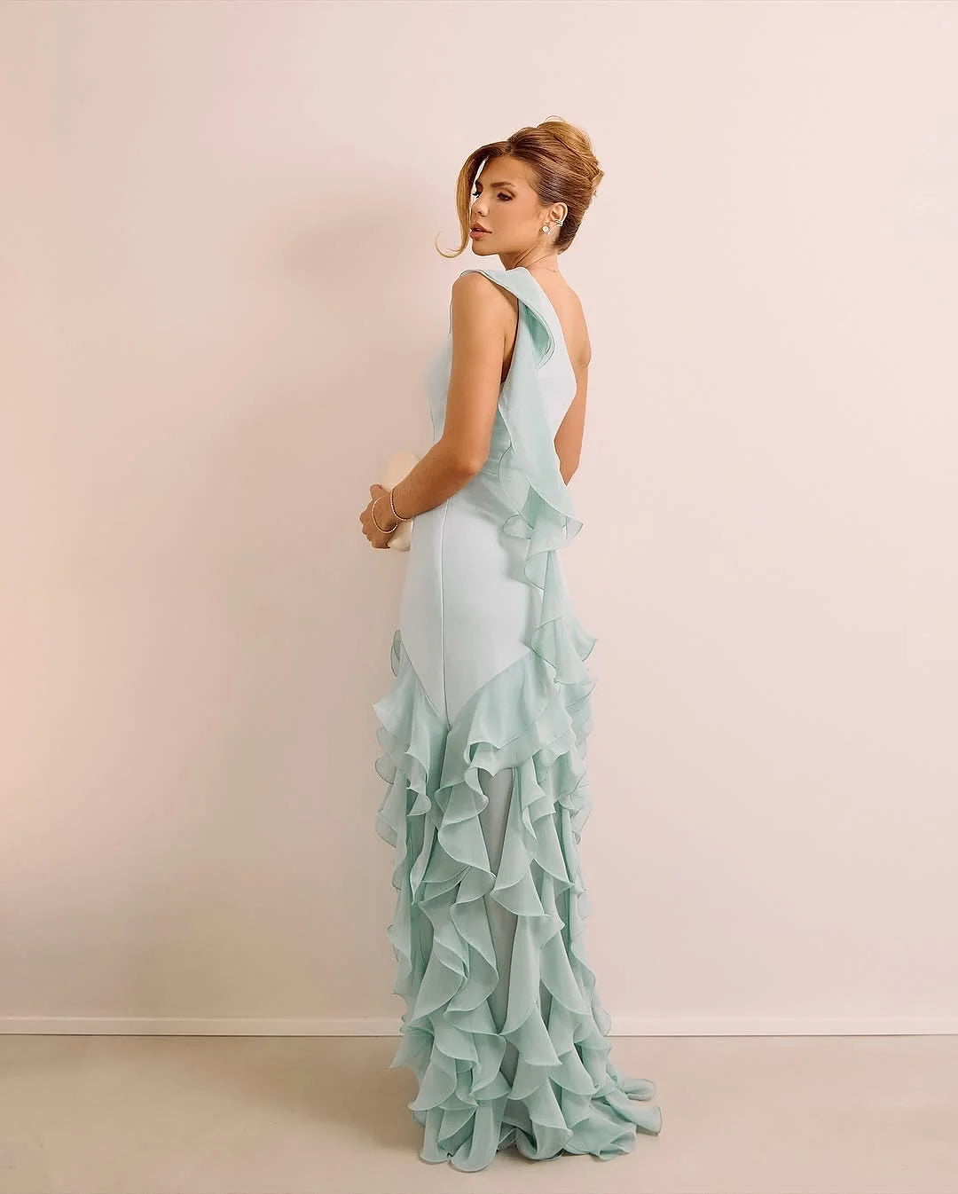Luxury Mint Prom Dresses with Chiffon Fabric One Shoulder and Ruffled Skirt