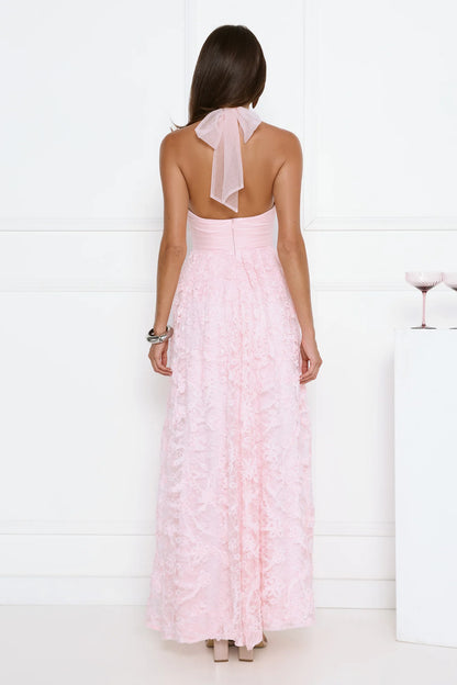 Luxury Pink Prom Dresses with Lace Fabric Halter Neck and Sequin Detail