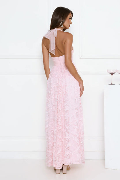 Luxury Pink Prom Dresses with Lace Fabric Halter Neck and Sequin Detail