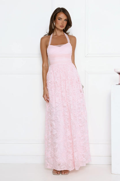 Luxury Pink Prom Dresses with Lace Fabric Halter Neck and Sequin Detail
