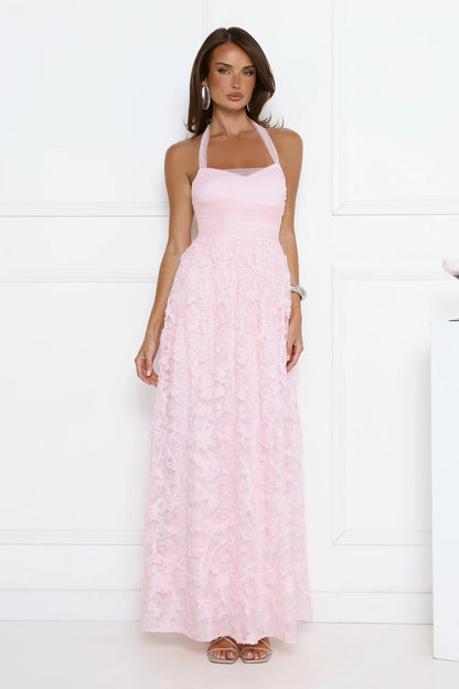 Luxury Pink Prom Dresses with Lace Fabric Halter Neck and Sequin Detail