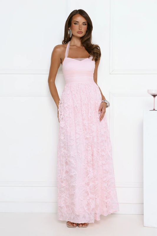 Luxury Pink Prom Dresses with Lace Fabric Halter Neck and Sequin Detail