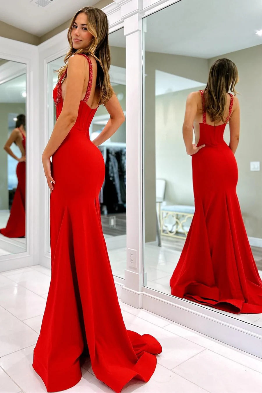 Luxury Red Evening Dresses Sweetheart Neck with Jersey Mermaid Silhouette and Beaded Straps