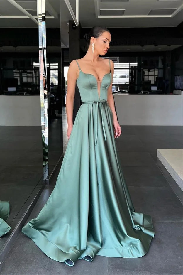 Luxury Sage Green Prom Dresses Plunging Neck with Satin A Line Silhouette and Satin Belt