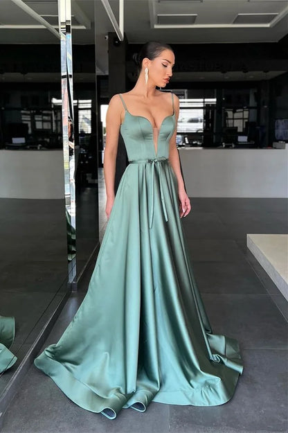 Luxury Sage Green Prom Dresses Plunging Neck with Satin A Line Silhouette and Satin Belt