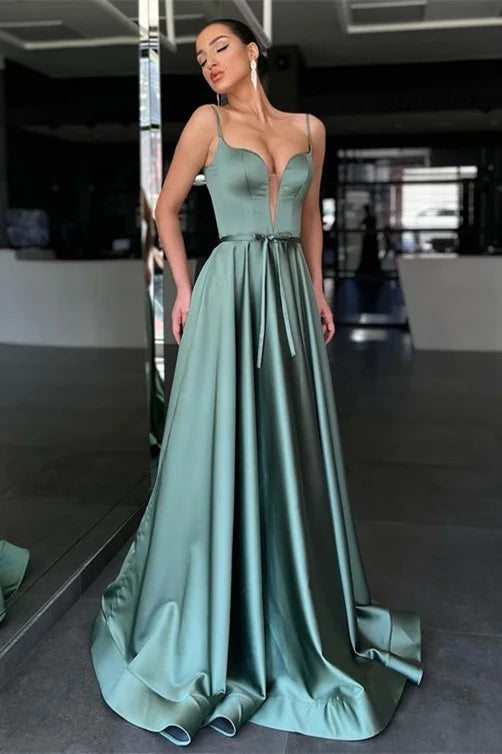 Luxury Sage Green Prom Dresses Plunging Neck with Satin A Line Silhouette and Satin Belt