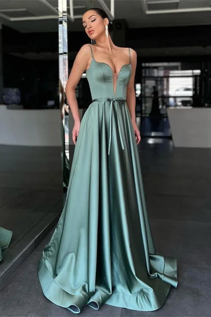 Luxury Sage Green Prom Dresses Plunging Neck with Satin A Line Silhouette and Satin Belt