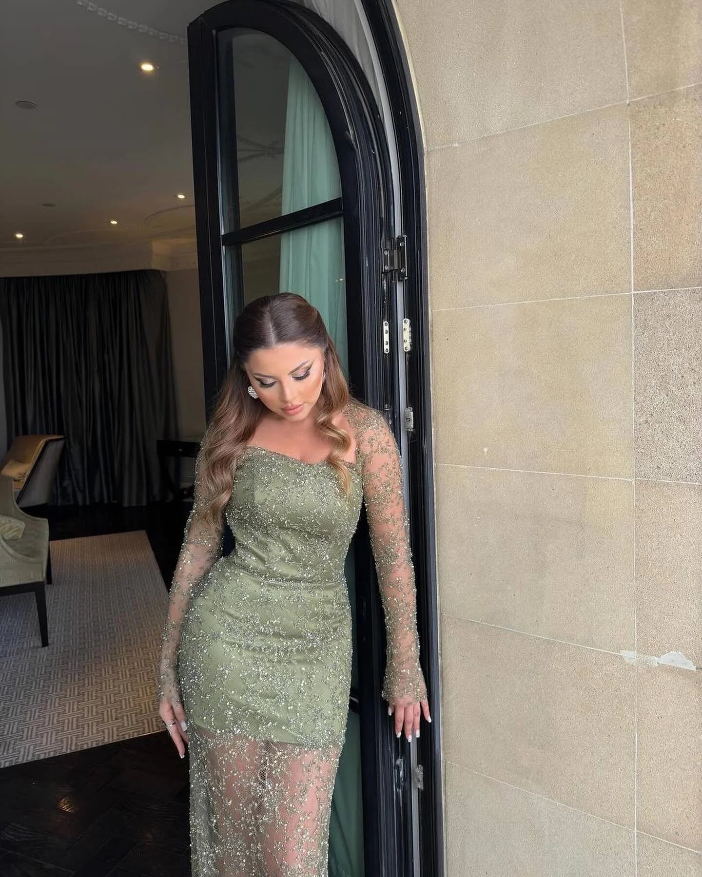 Luxury Sage Green Prom Dresses with Beaded Fabric Long Sheer Sleeves and Lace Up Back