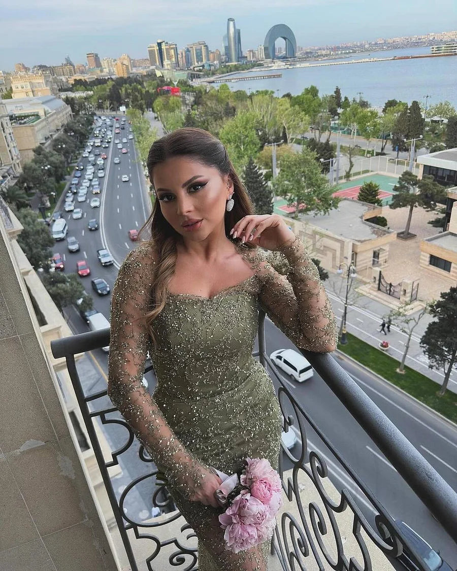 Luxury Sage Green Prom Dresses with Beaded Fabric Long Sheer Sleeves and Lace Up Back