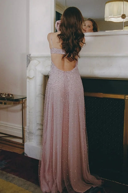 Luxury Sky Blue Blush Prom Dresses with Sequin Tulle Empire Waist and Open Back