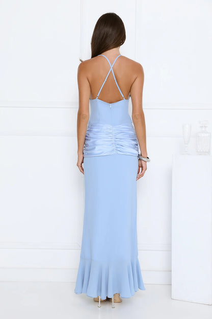 Luxury Sky Blue Prom Dresses with Satin Fabric Halter Deep V Neck and Ruffle Detail