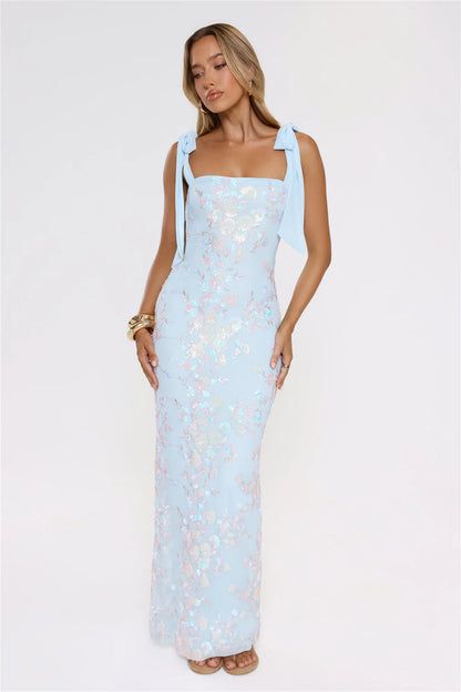 Luxury Sky Blue Prom Dresses with Sequin Fabric Bow Strap and Floral Embroidery
