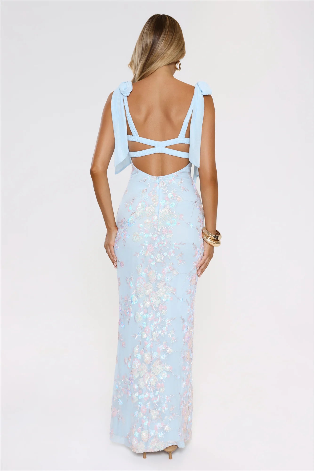 Luxury Sky Blue Prom Dresses with Sequin Fabric Bow Strap and Floral Embroidery