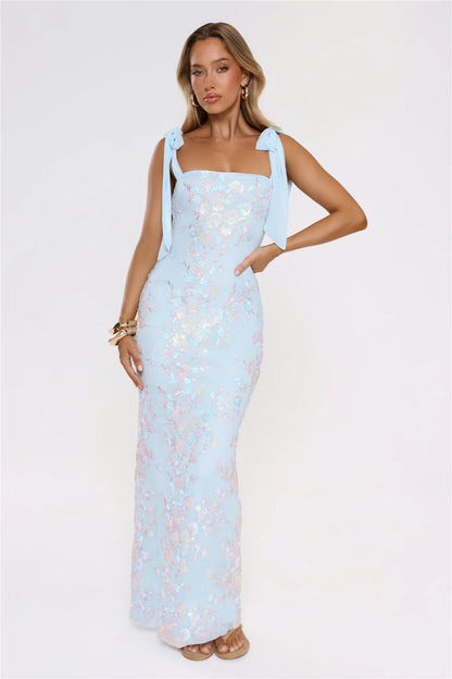 Luxury Sky Blue Prom Dresses with Sequin Fabric Bow Strap and Floral Embroidery