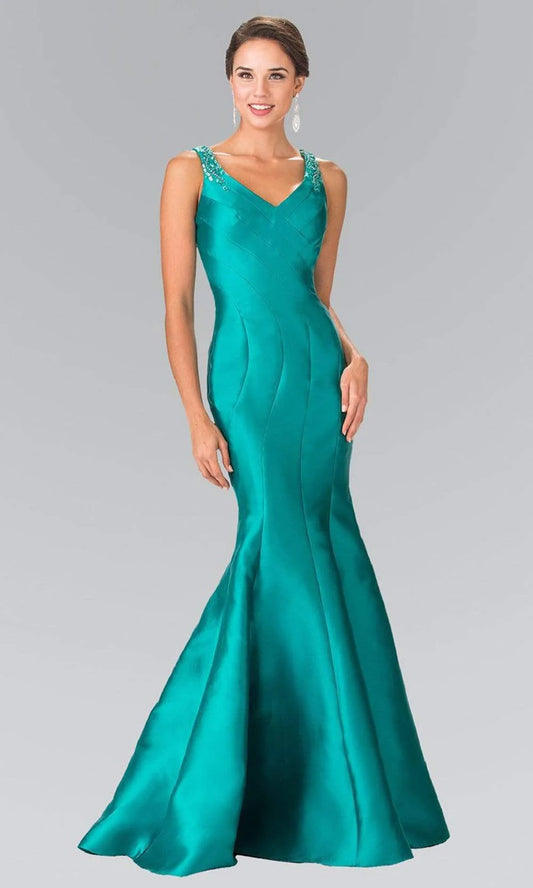 Luxury Teal Prom Dresses V Neck with Satin Mermaid Silhouette and Beaded Sheer Back