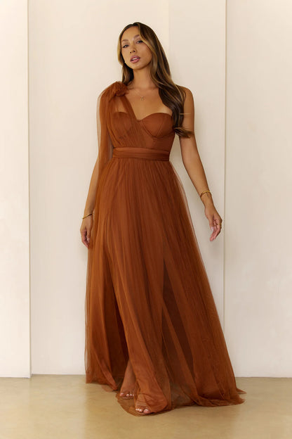 Luxury Terracotta Prom Dresses with Tulle Fabric One Shoulder and Bow Detail