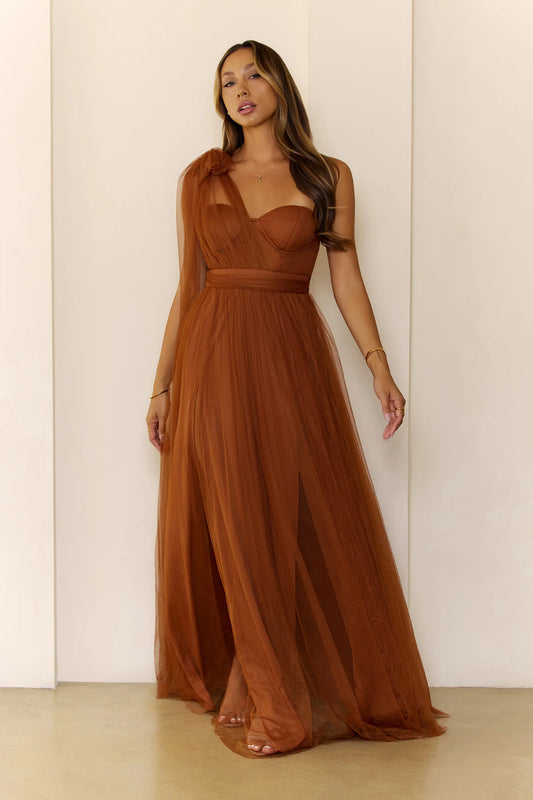 Luxury Terracotta Prom Dresses with Tulle Fabric One Shoulder and Bow Detail