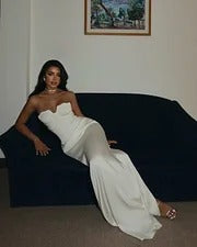 Luxury White Red Prom Dresses with Satin Fabric Strapless Sweetheart Neck and High Slit