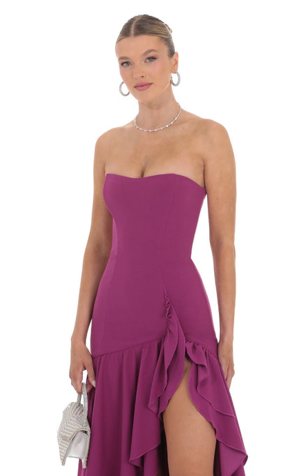 Magenta Strapless Prom Dress With Ruffled Tiered Skirt And High Slit Formal Prom Dress