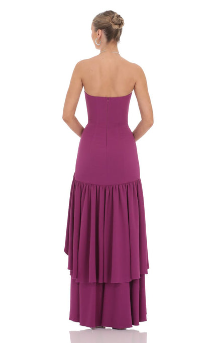 Magenta Strapless Prom Dress With Ruffled Tiered Skirt And High Slit Formal Prom Dress