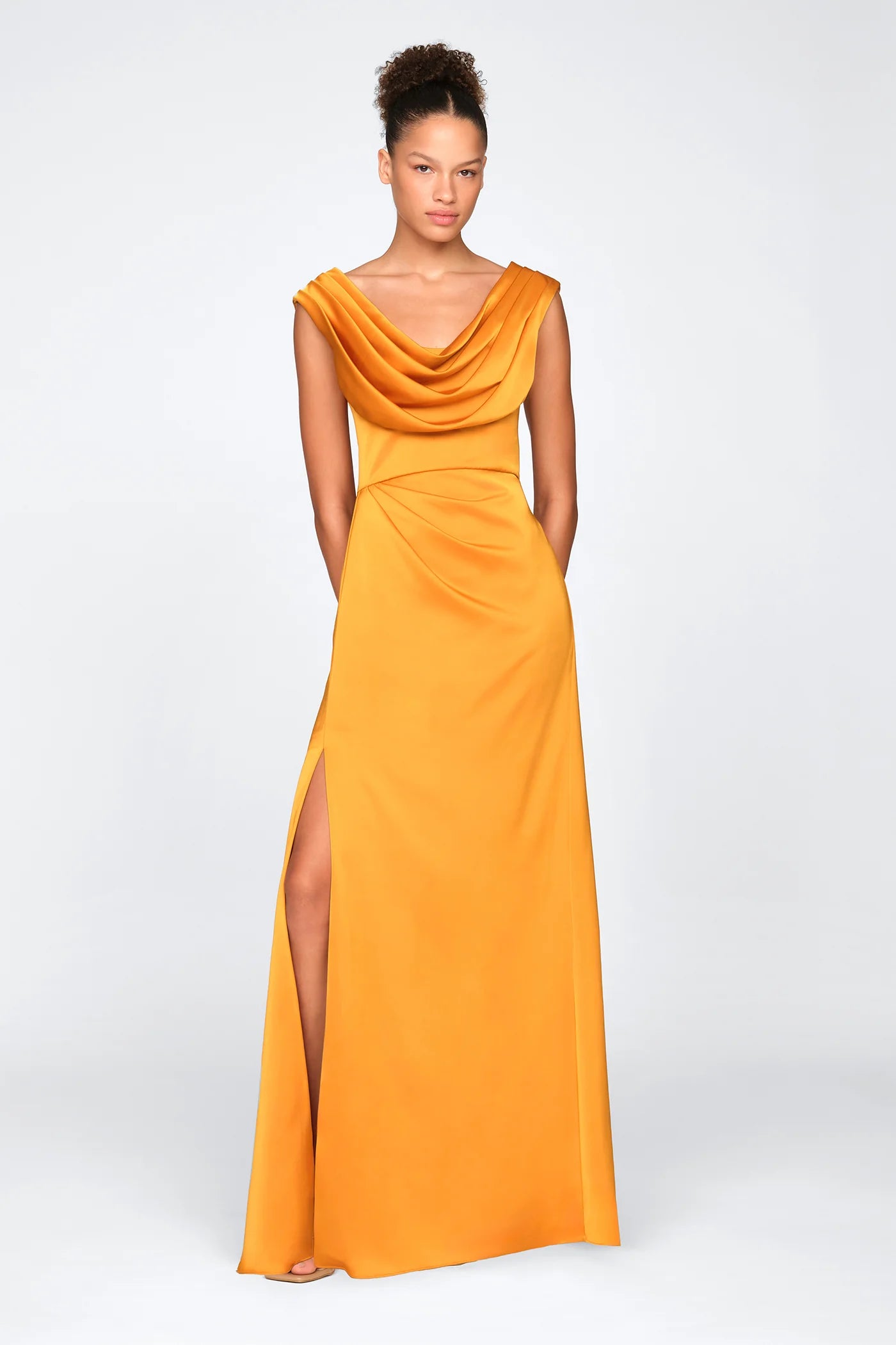 Marigold Satin A Line Cowl Neck Pleated Shoulder High Slit Floor Length Formal Evening Prom Dress