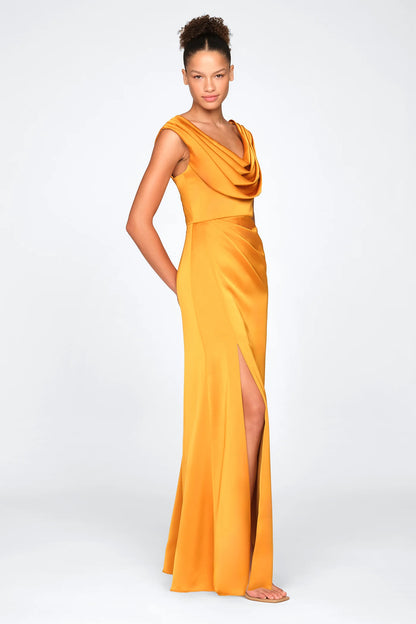 Marigold Satin A Line Cowl Neck Pleated Shoulder High Slit Floor Length Formal Evening Prom Dress