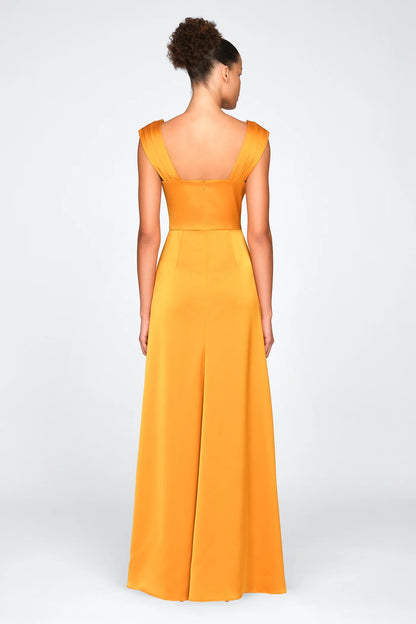 Marigold Satin A Line Cowl Neck Pleated Shoulder High Slit Floor Length Formal Evening Prom Dress