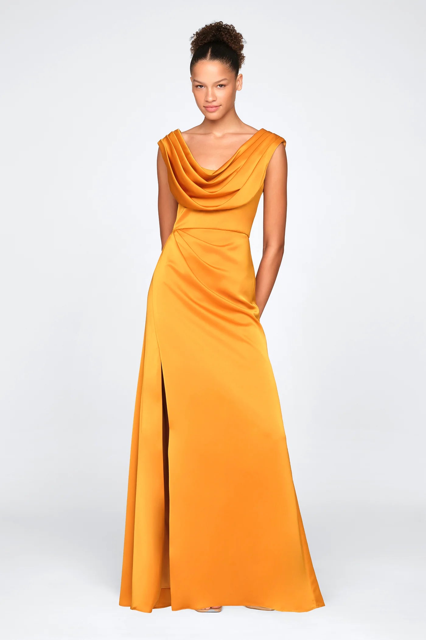 Marigold Satin A Line Cowl Neck Pleated Shoulder High Slit Floor Length Formal Evening Prom Dress